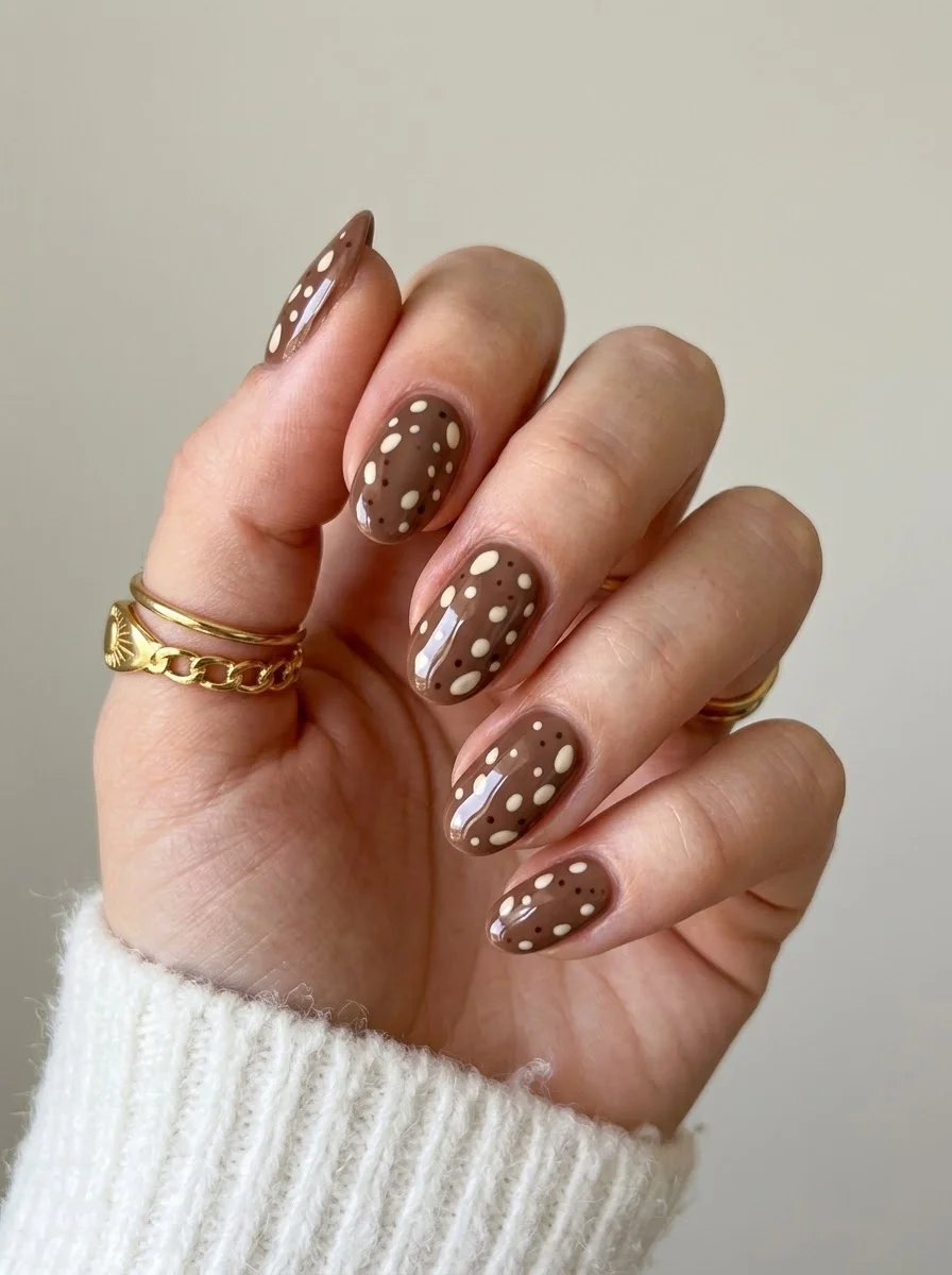 Mocha Polka Dot Nails - Glossy milk-chocolate nails with scattered cream and dark brown polka dots in varying sizes
