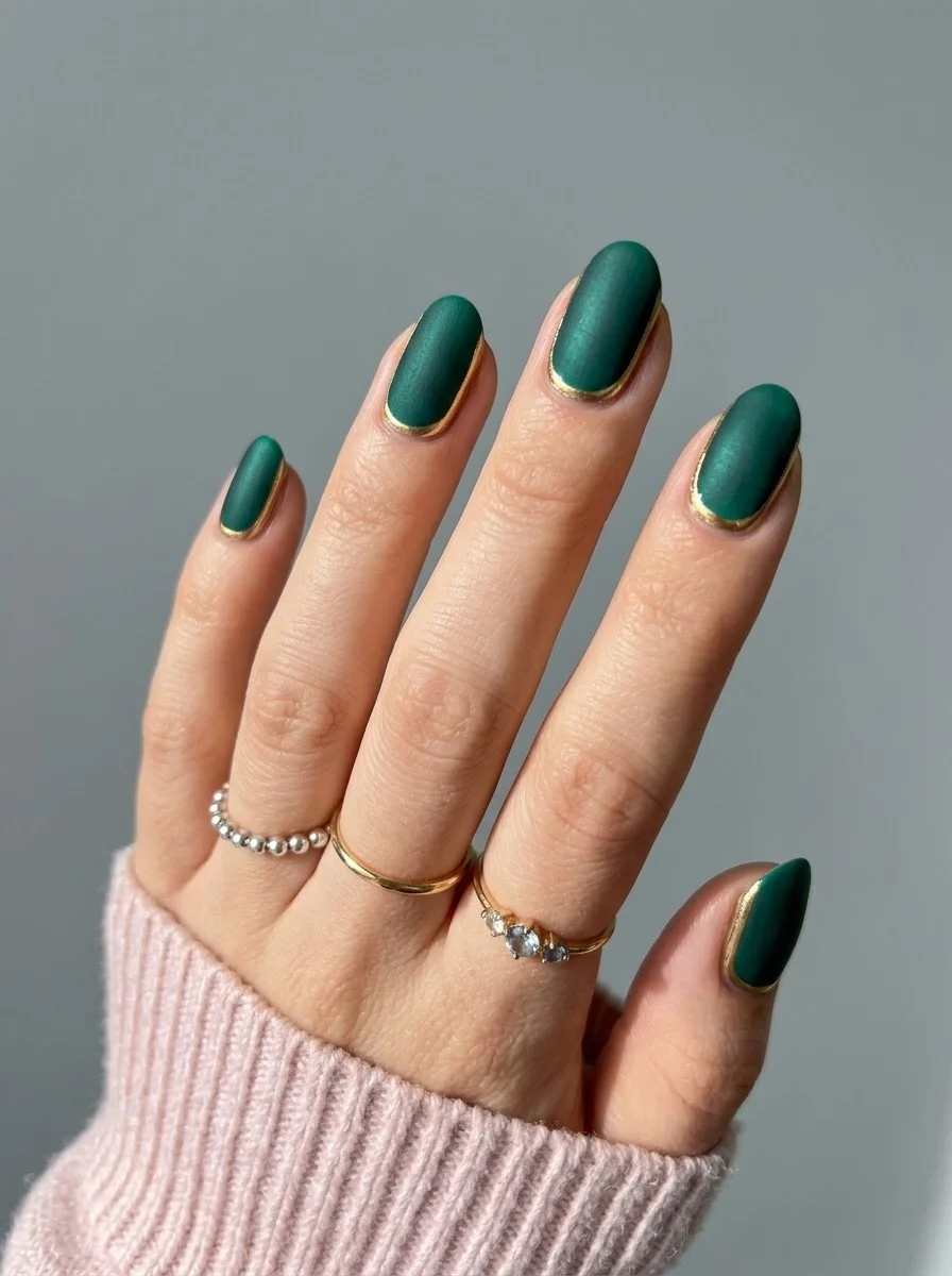 Emerald Matte Gold-Cuff Nails - Matte emerald green nails with a thin metallic gold line around the cuticle base