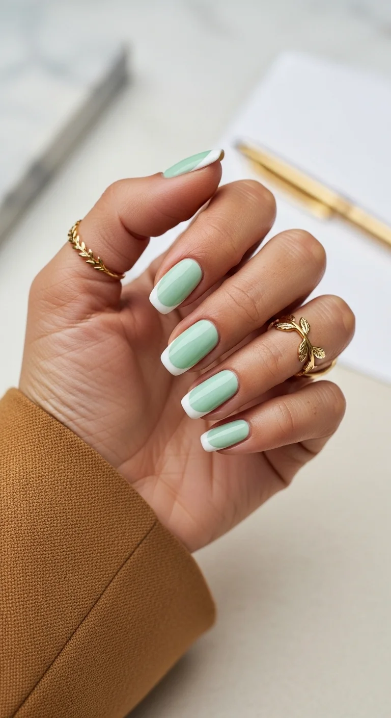 Short square nails with mint green polish and white French tips.