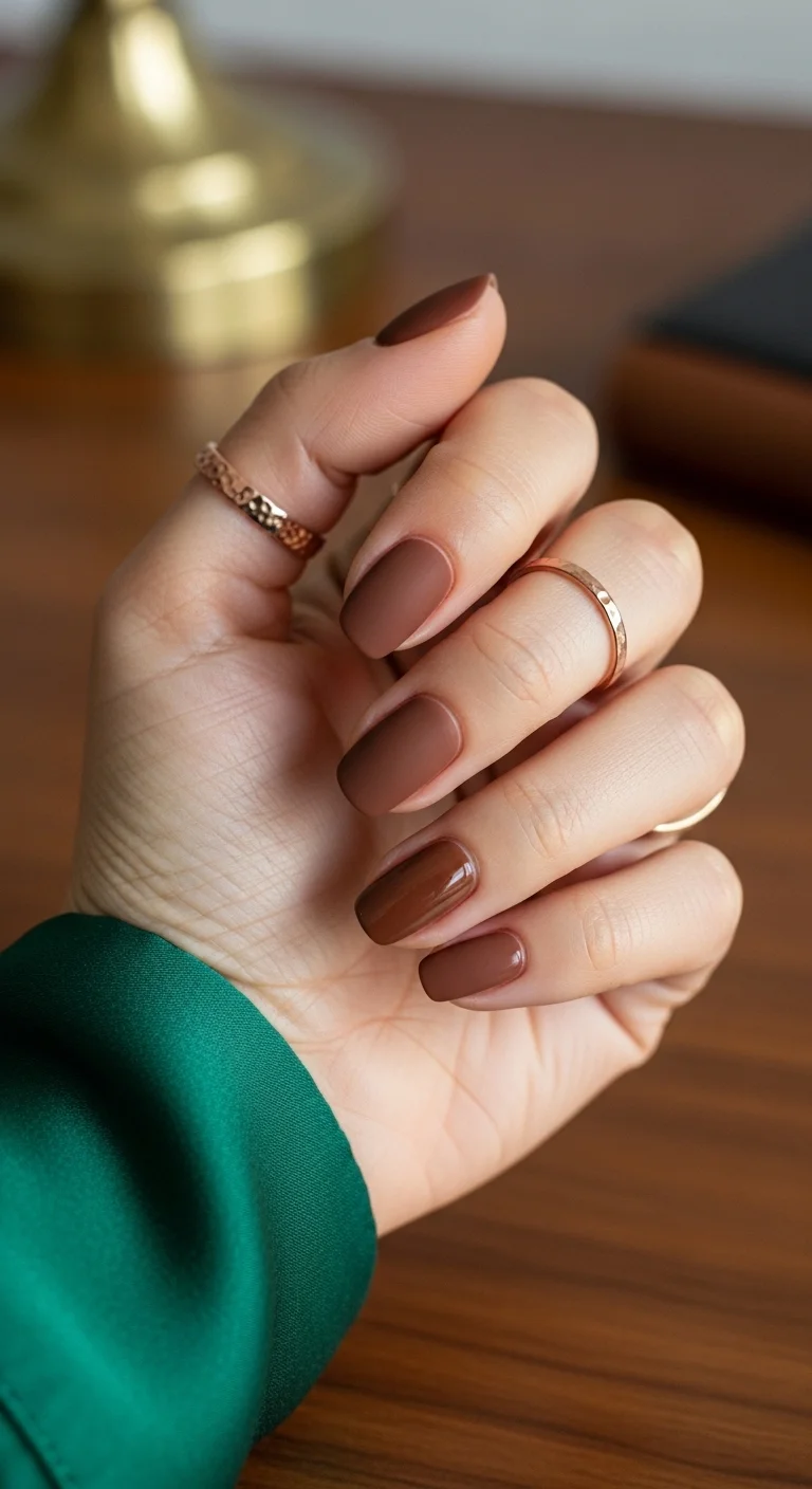 Short oval nails with matte brown polish and one glossy brown accent nail.