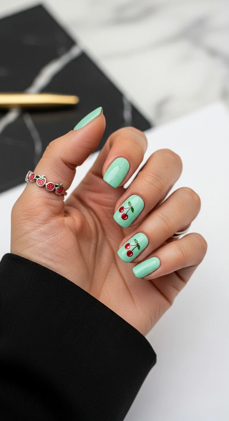 Short square nails with mint green polish and two cherry art accent nails.