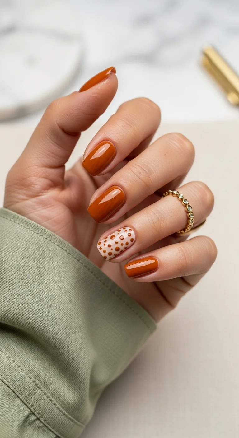 Short square nails with caramel orange polish and one nude polka dot accent nail.