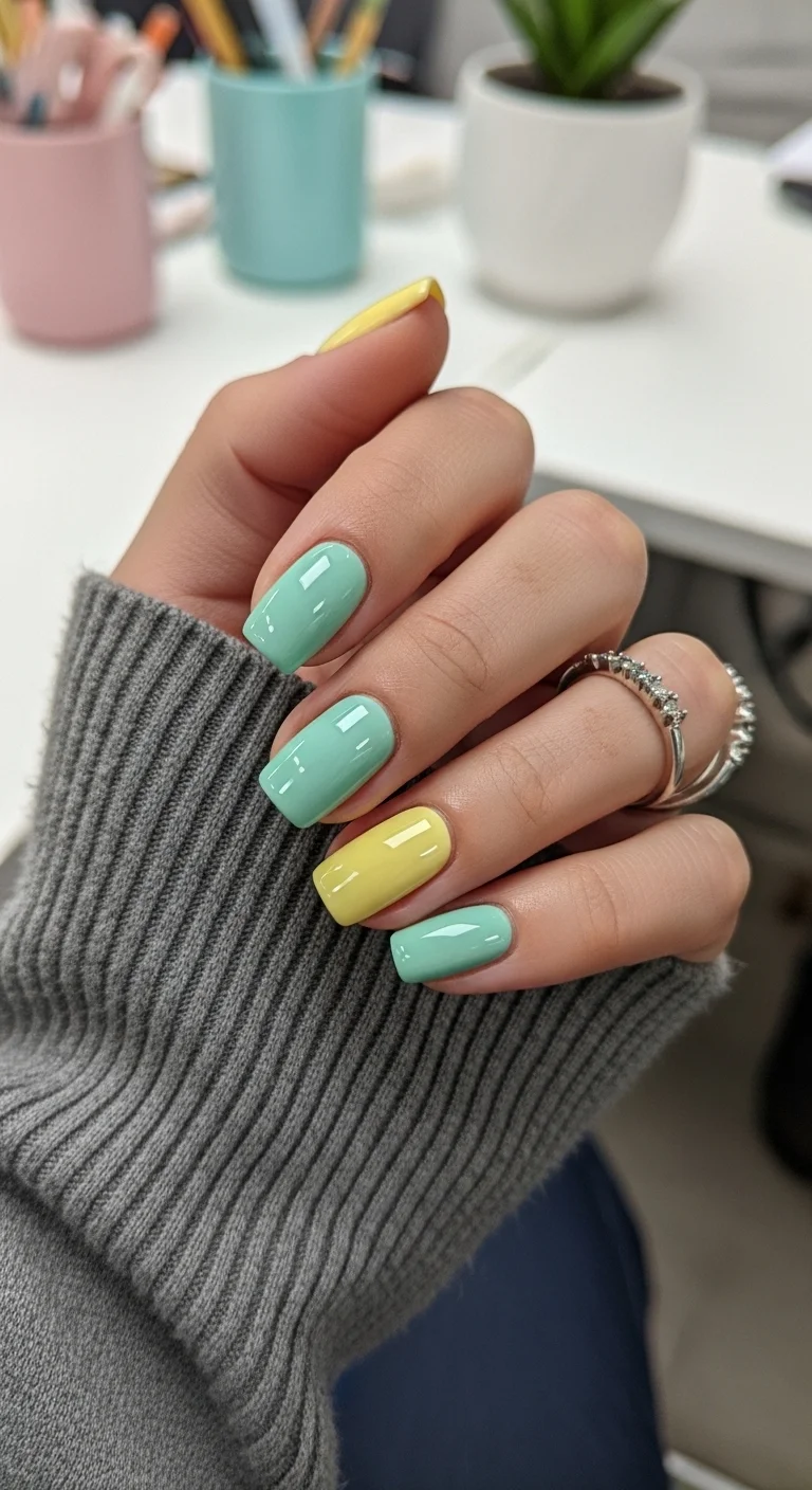 Short square nails alternating between mint green and pastel yellow polish.