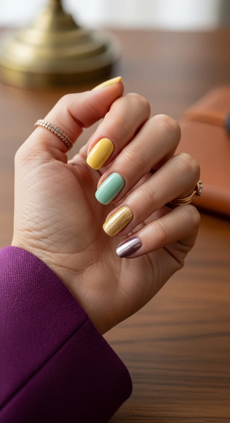 Short oval nails with alternating yellow, mint green, gold metallic, and mauve metallic polish.