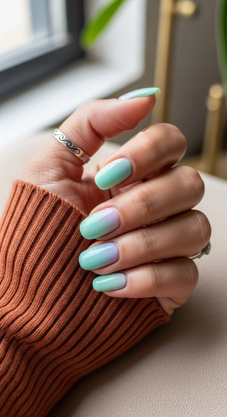 Short oval nails with a gradient from mint green to lavender purple.
