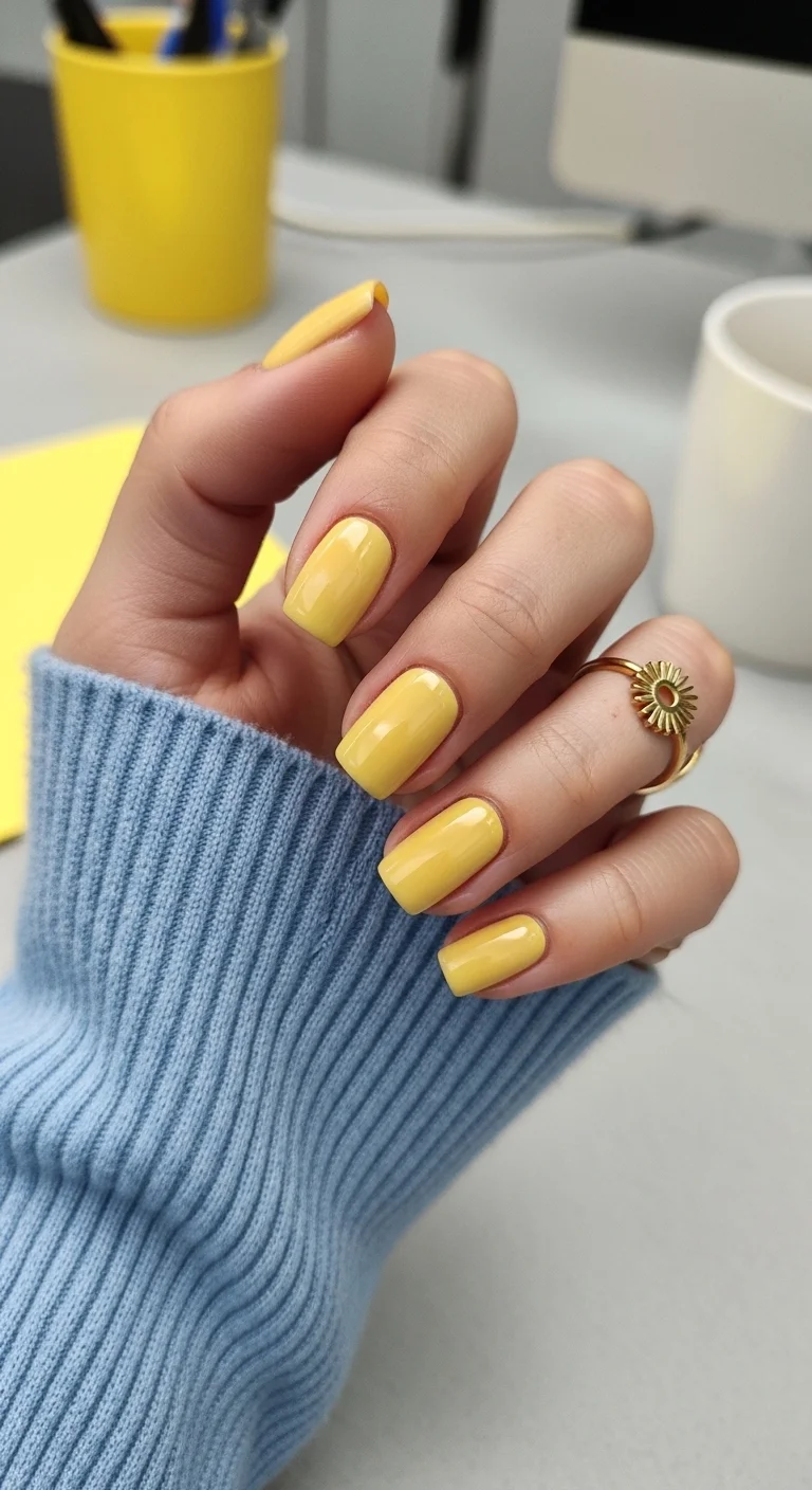 Short square nails with solid pastel yellow polish.