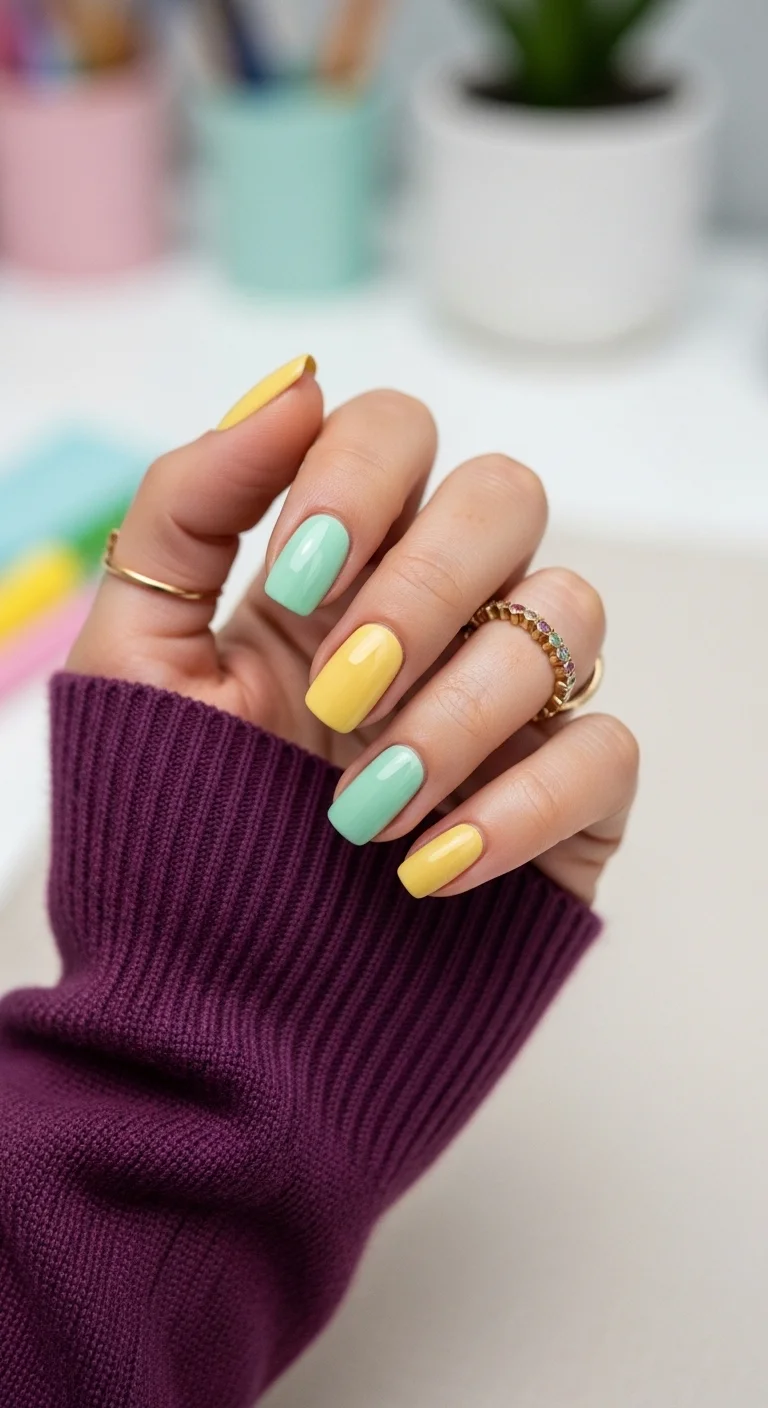 Short square nails alternating between mint green and pastel yellow polish.