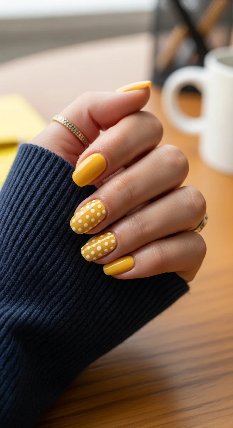 Short oval nails with pastel yellow polish and two white polka dot accent nails.