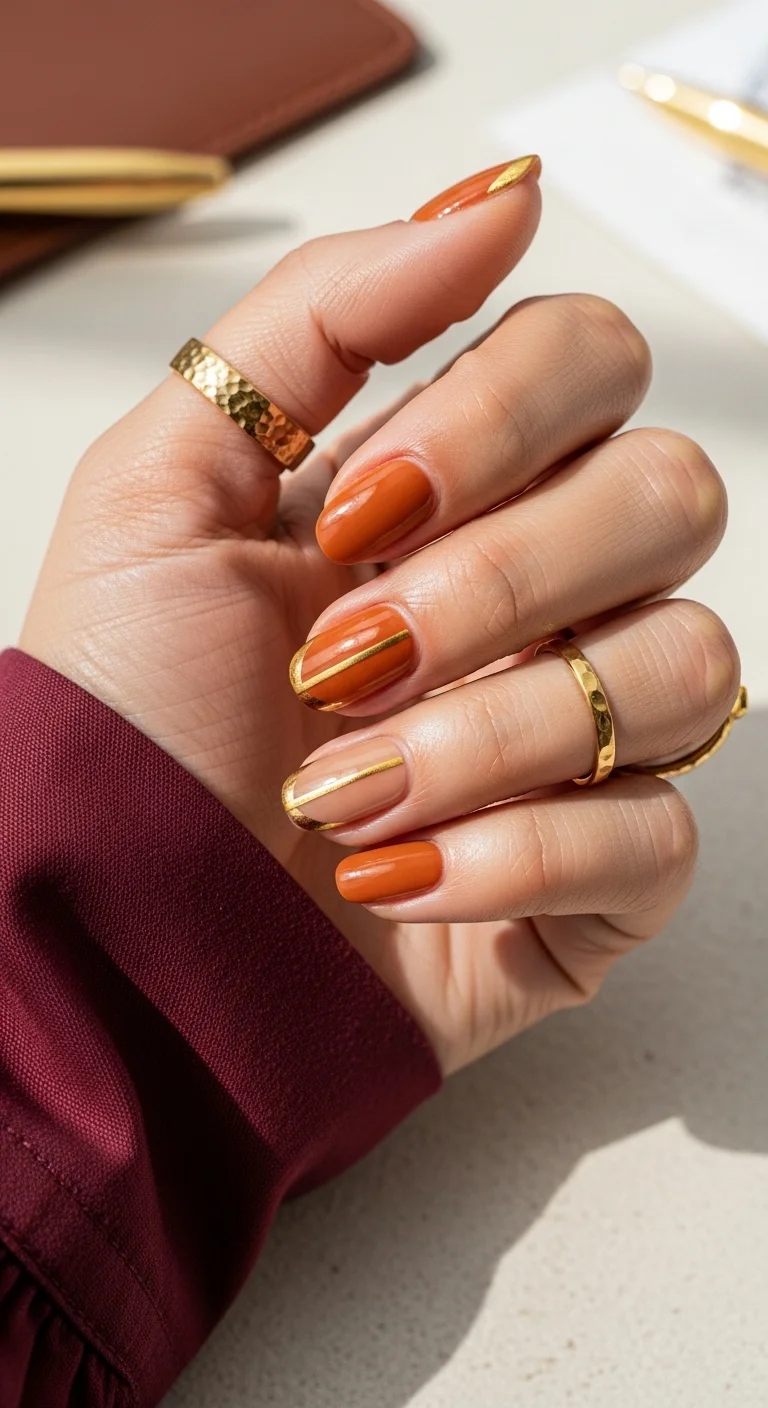 Short nails with burnt orange polish and gold stripe accents on two nails.