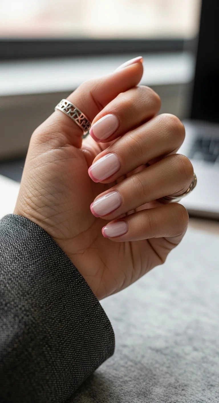 Short oval nails with sheer pink base and soft pink French tips.