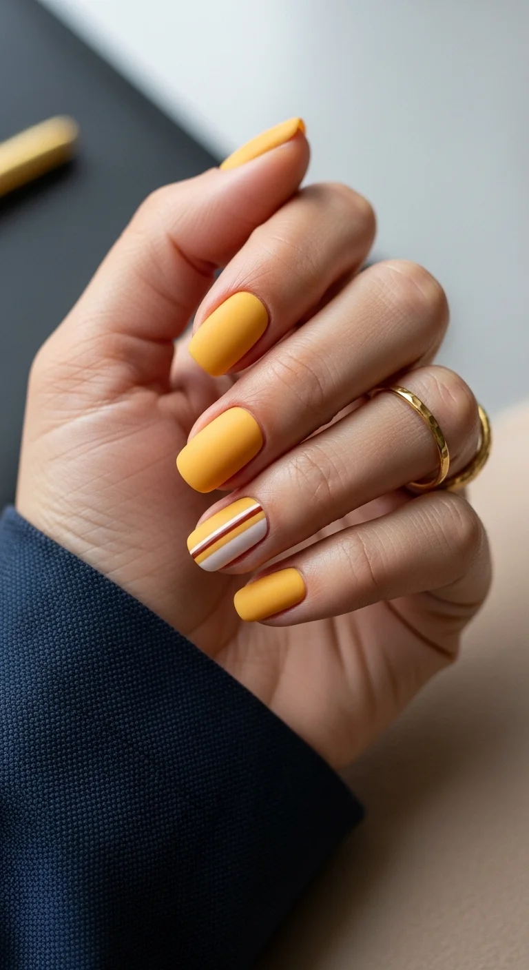 Short square nails with matte mustard yellow polish and one striped accent nail.