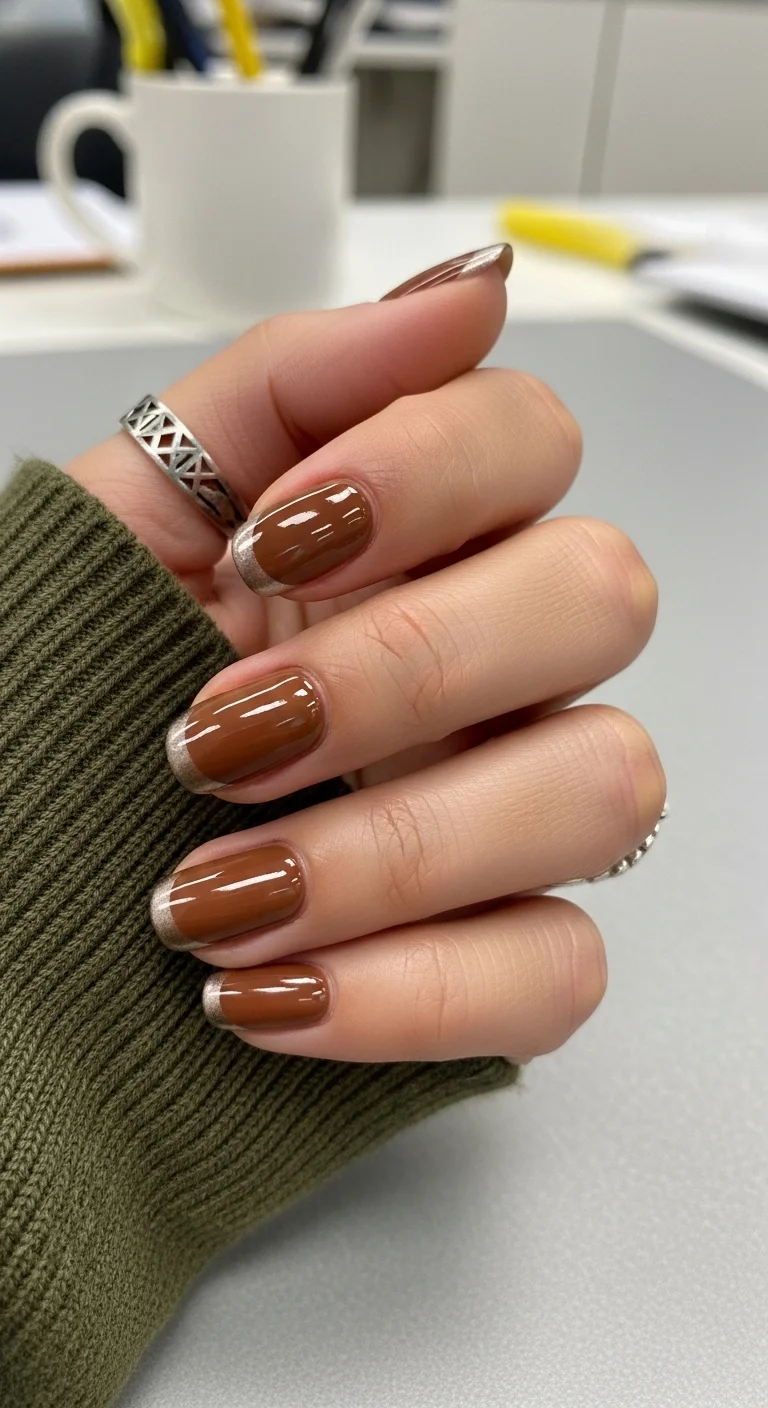 Short oval nails with glossy chocolate brown polish and silver glitter French tips.