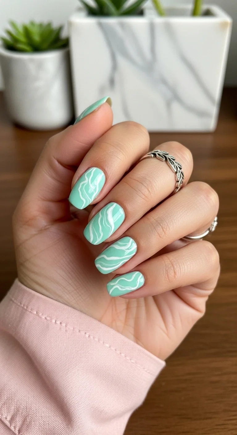 Short square nails with mint green base and white wavy swirl patterns.