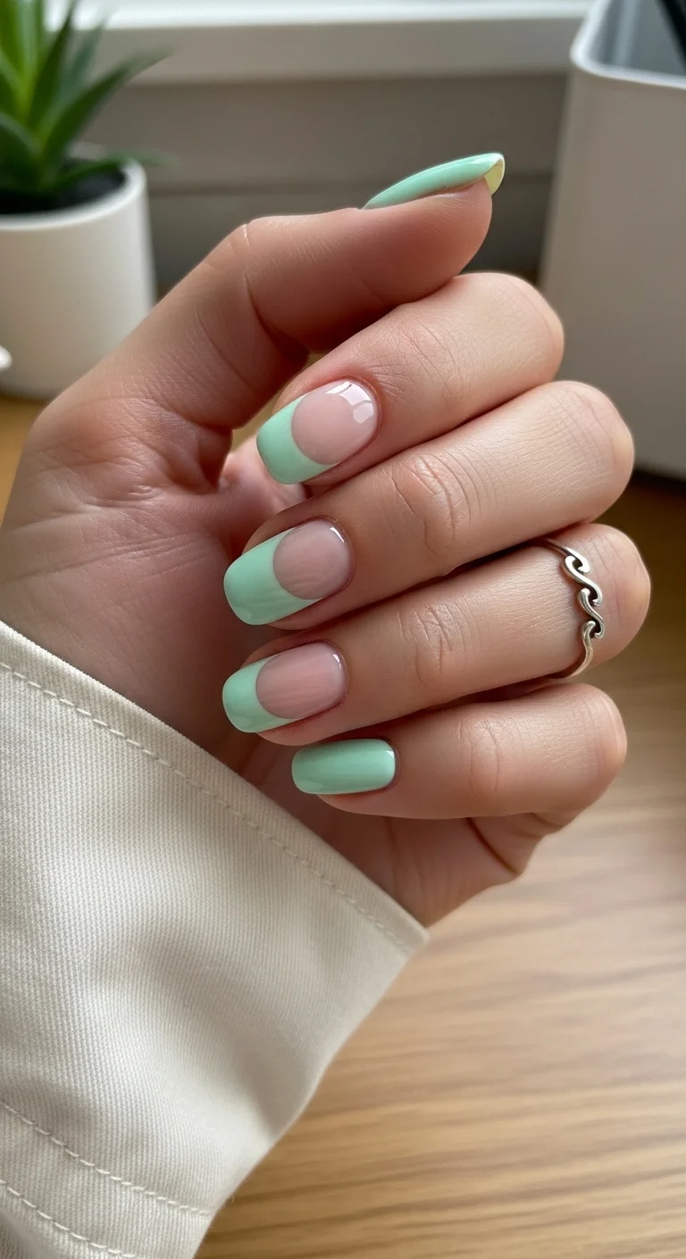 Short square nails with sheer nude base and pastel mint French tips.