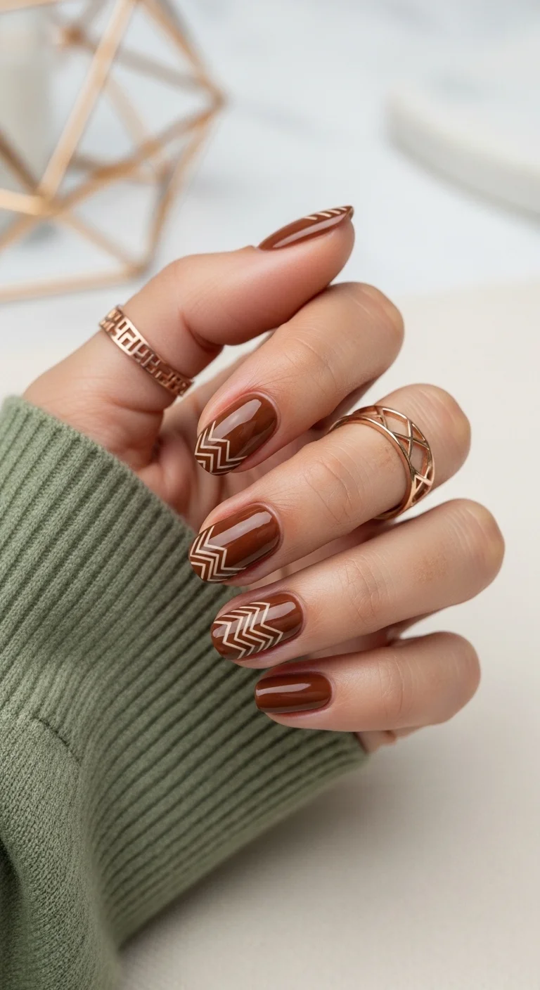 Short almond nails with deep chestnut brown polish and gold chevron accents.