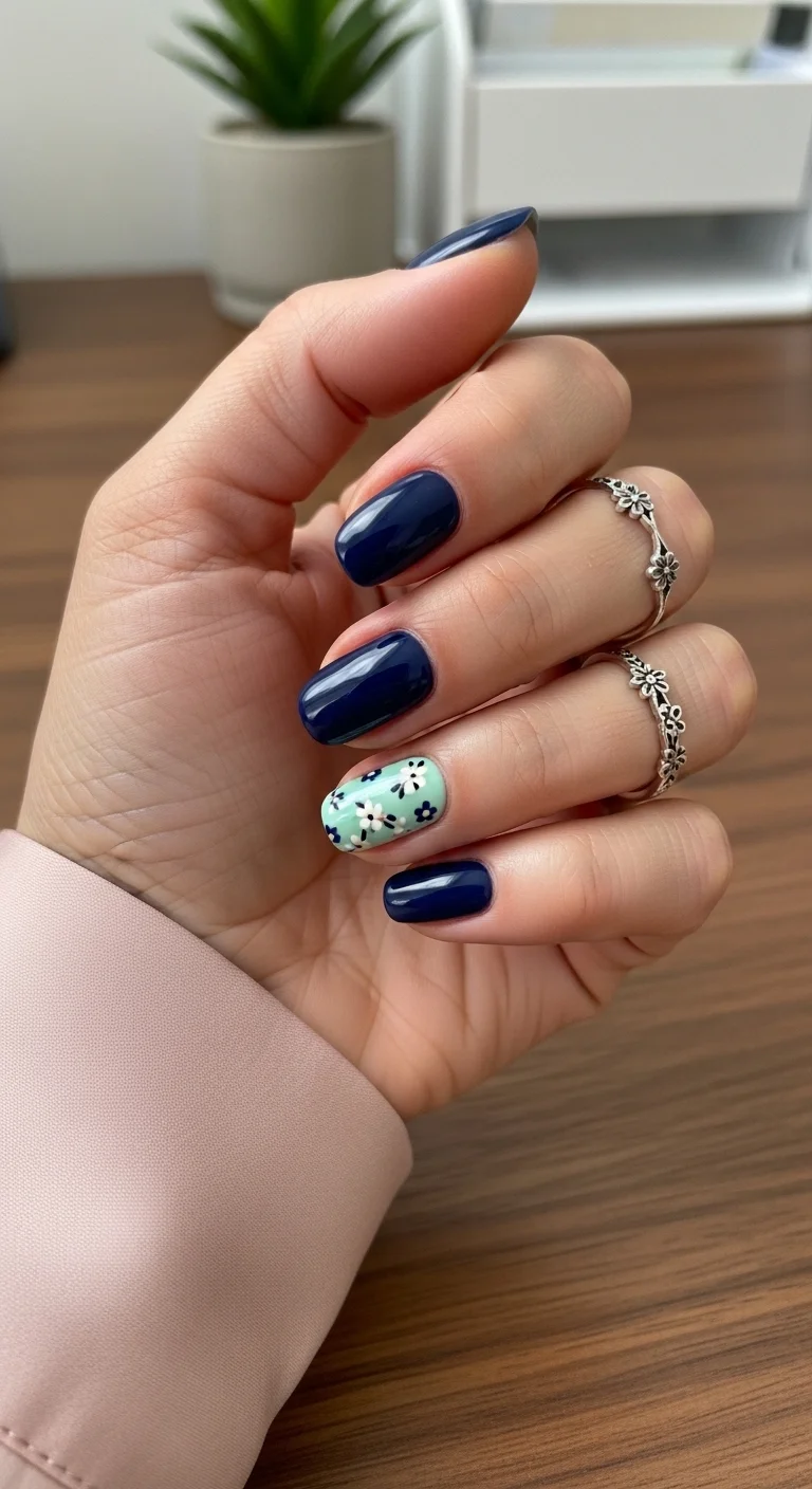 Short square nails with glossy navy blue polish and one mint green floral accent nail.