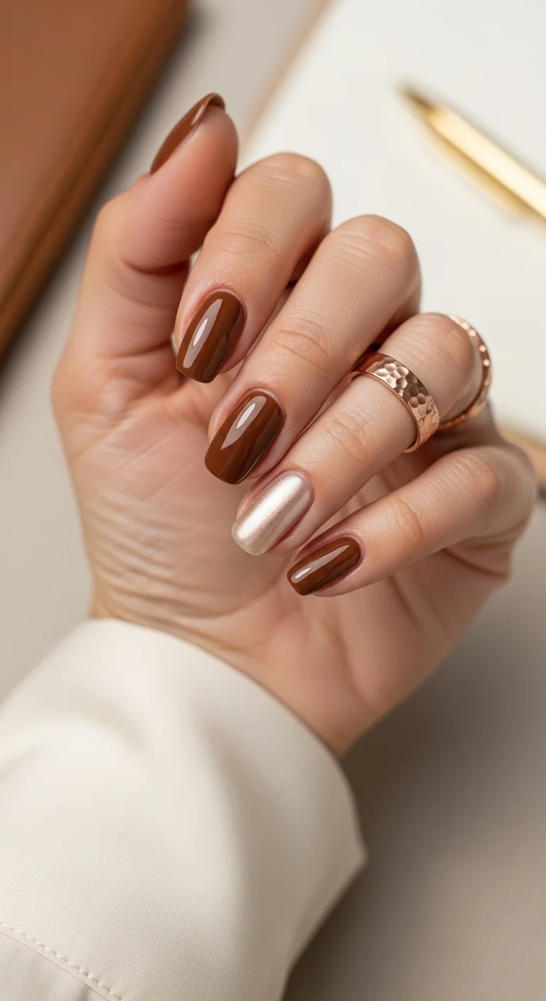 Short oval nails with glossy chocolate brown polish and one metallic champagne accent nail.