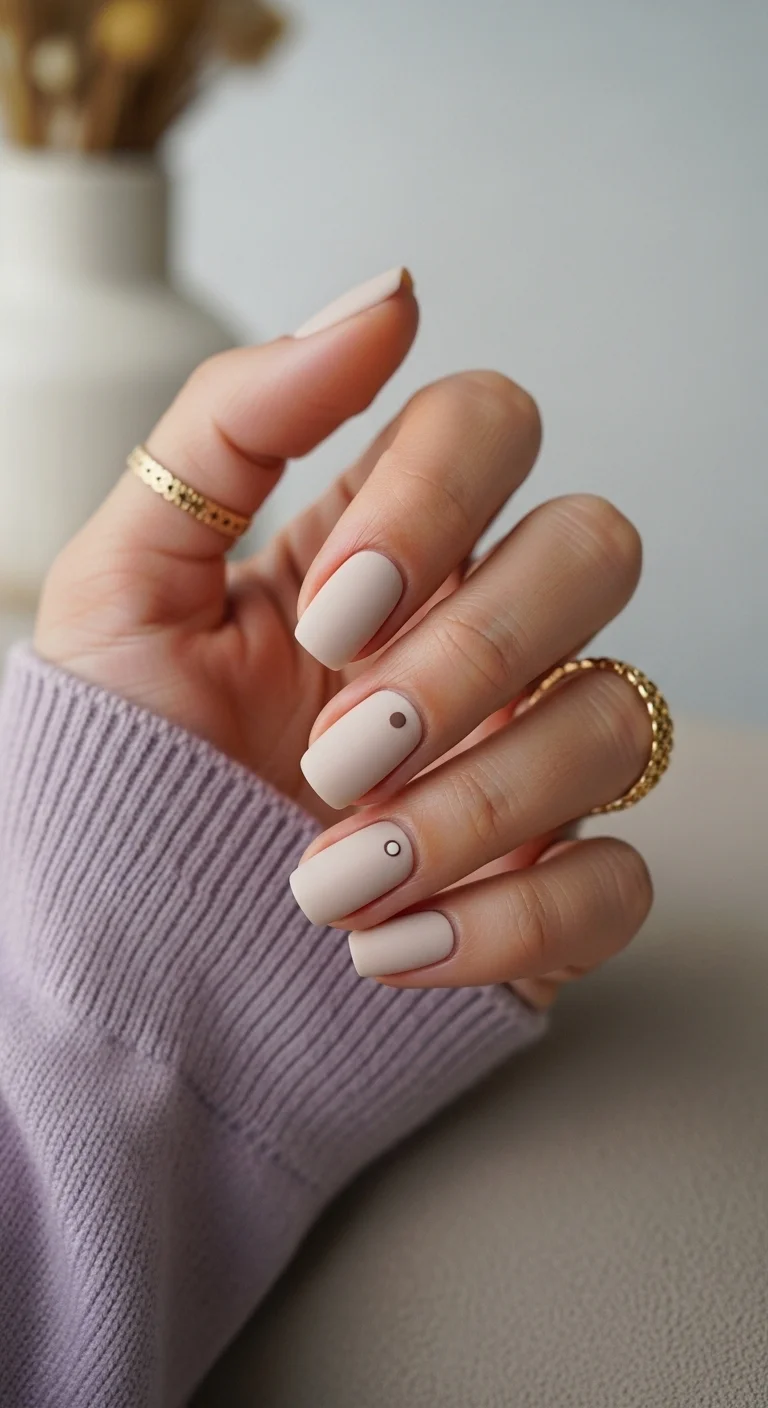Short square nails with matte nude polish and two tiny dot accents.