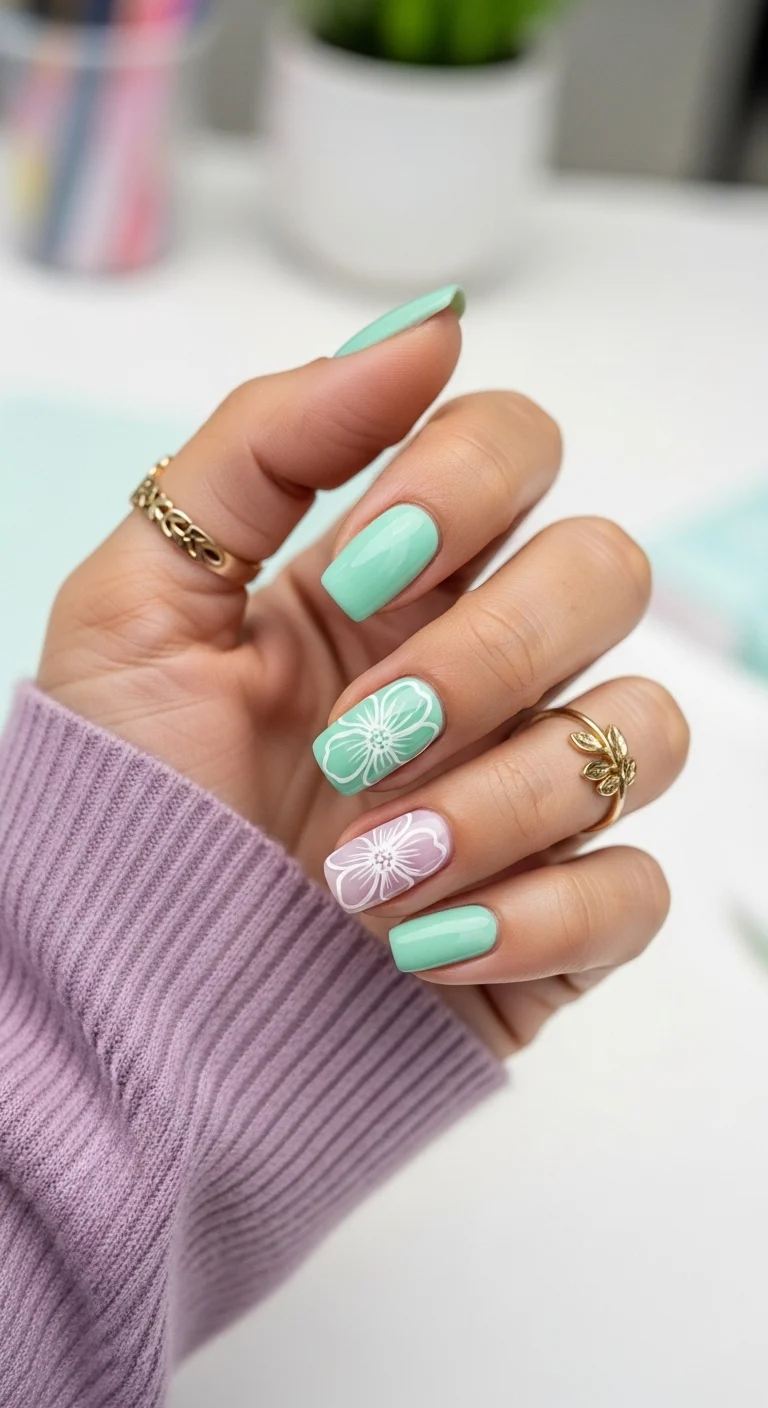 Short square nails with mint green polish and two floral accent nails in white and pink.