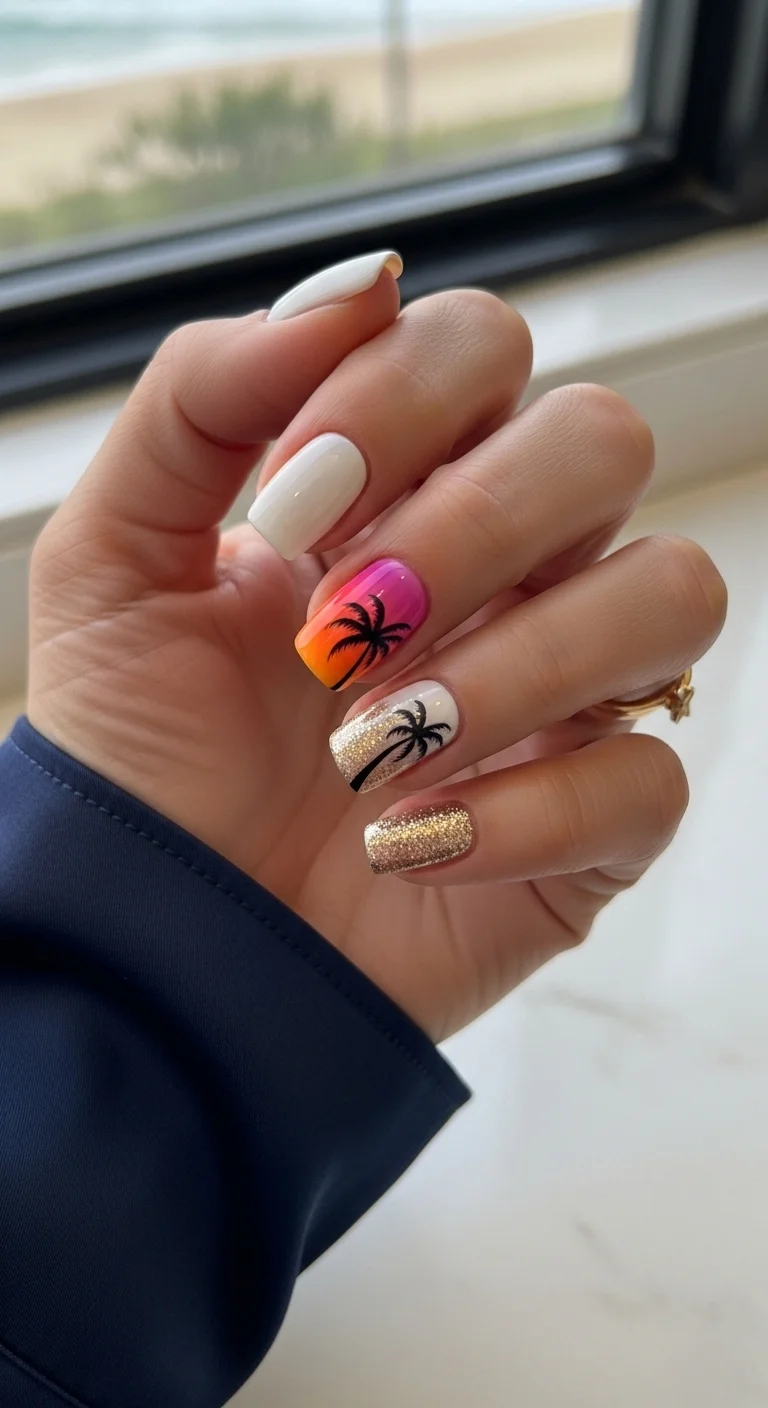 Mix of white, gold glitter, and sunset ombre nails with palm tree silhouettes.