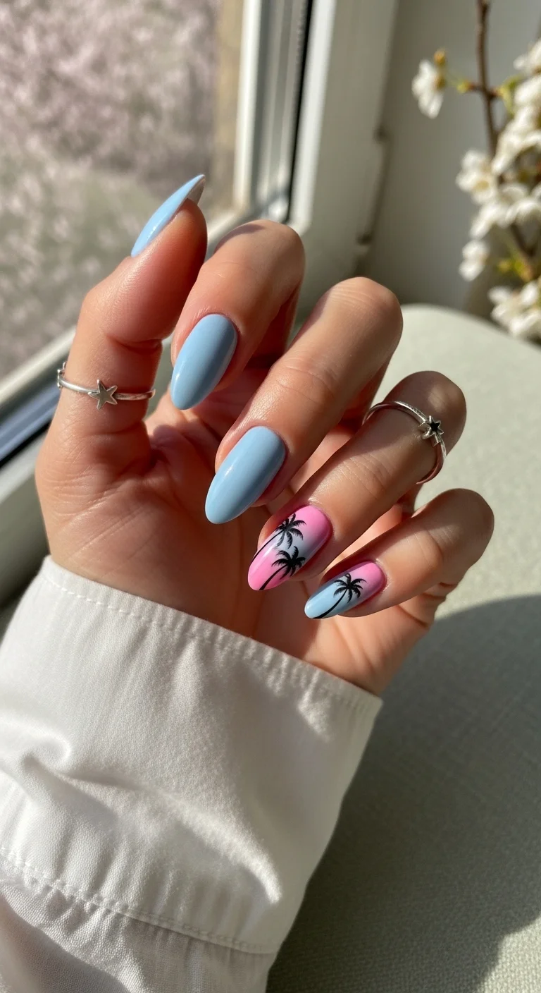 Sky blue almond nails with pink-to-blue sunset gradients and black palm silhouettes.