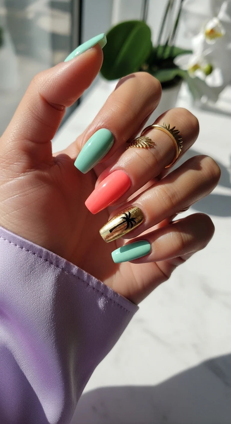 Mint green and coral nails with a gold foil accent nail featuring a black palm tree.