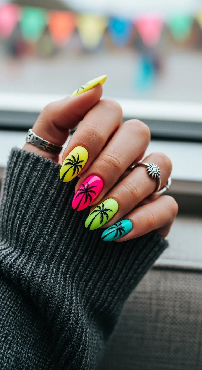 Alternating neon yellow, pink, and green nails with black palm trees on every nail.