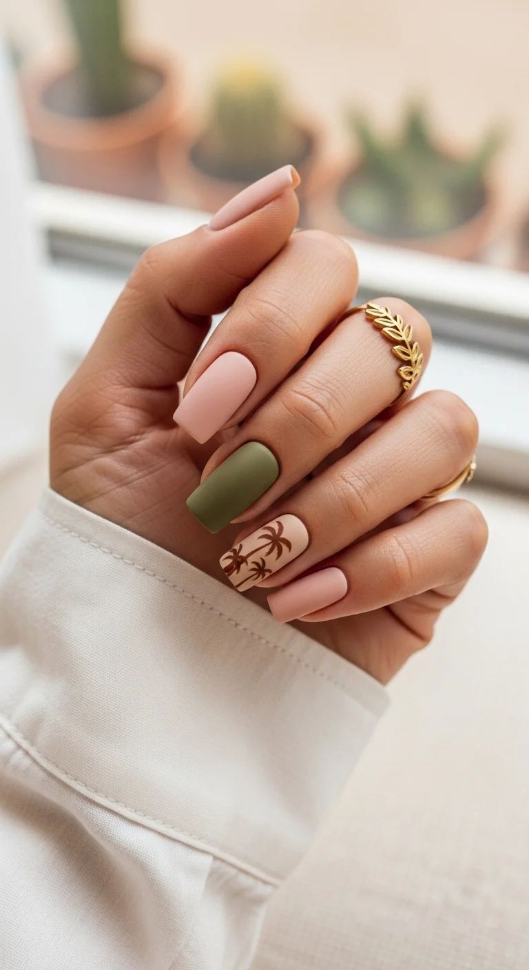 Matte nails in sage green and sandy nude with brown palm tree accents.