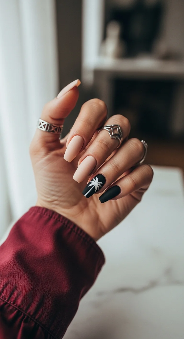 Matte nude nails with a matte black accent nail featuring a white palm tree.