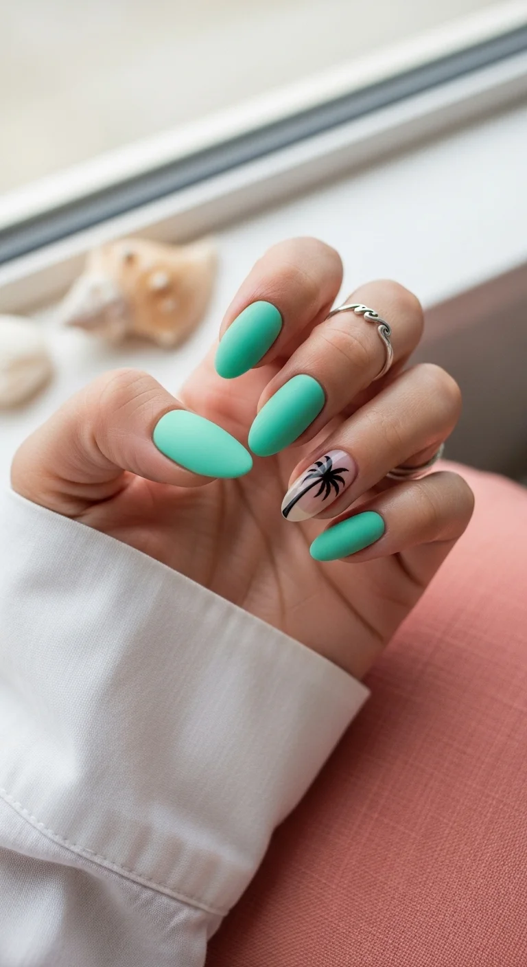 Matte seafoam green nails with a single nude accent nail featuring a black palm tree.