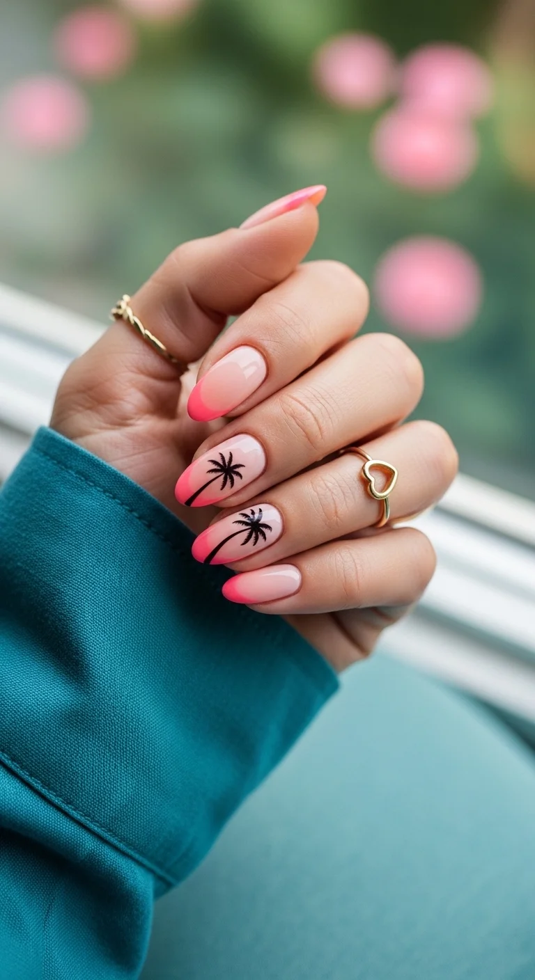 Nude nails with hot pink French tips and black palm tree silhouettes on the accent nails.