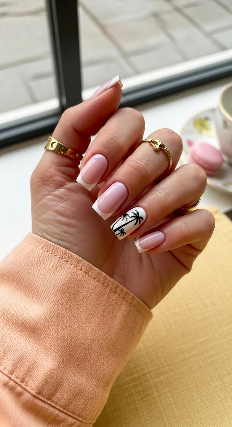 Classic white French tip nails with one accent nail featuring black palm trees on a white base.