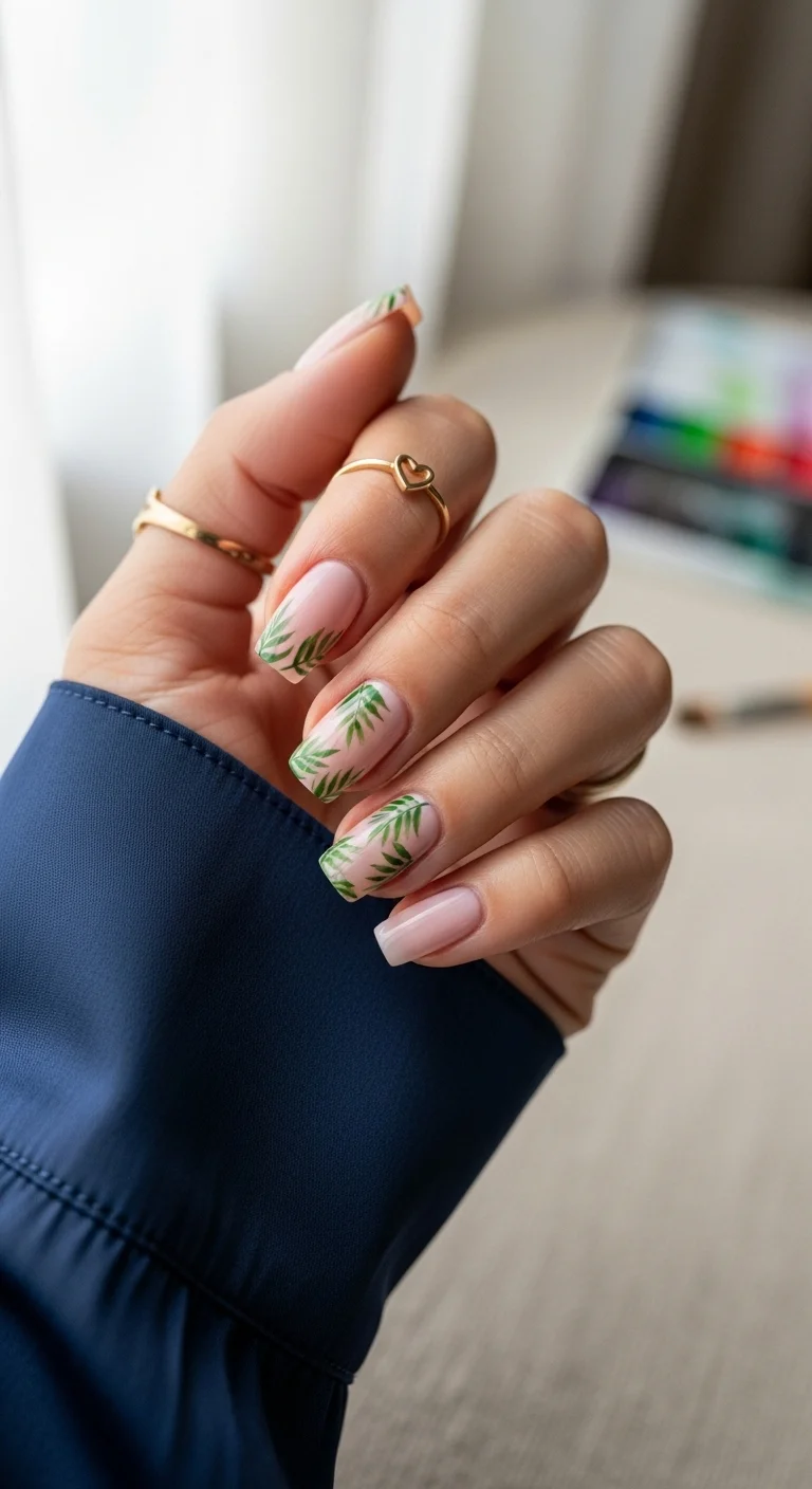 Milky white nails with green palm leaf and tropical foliage patterns.