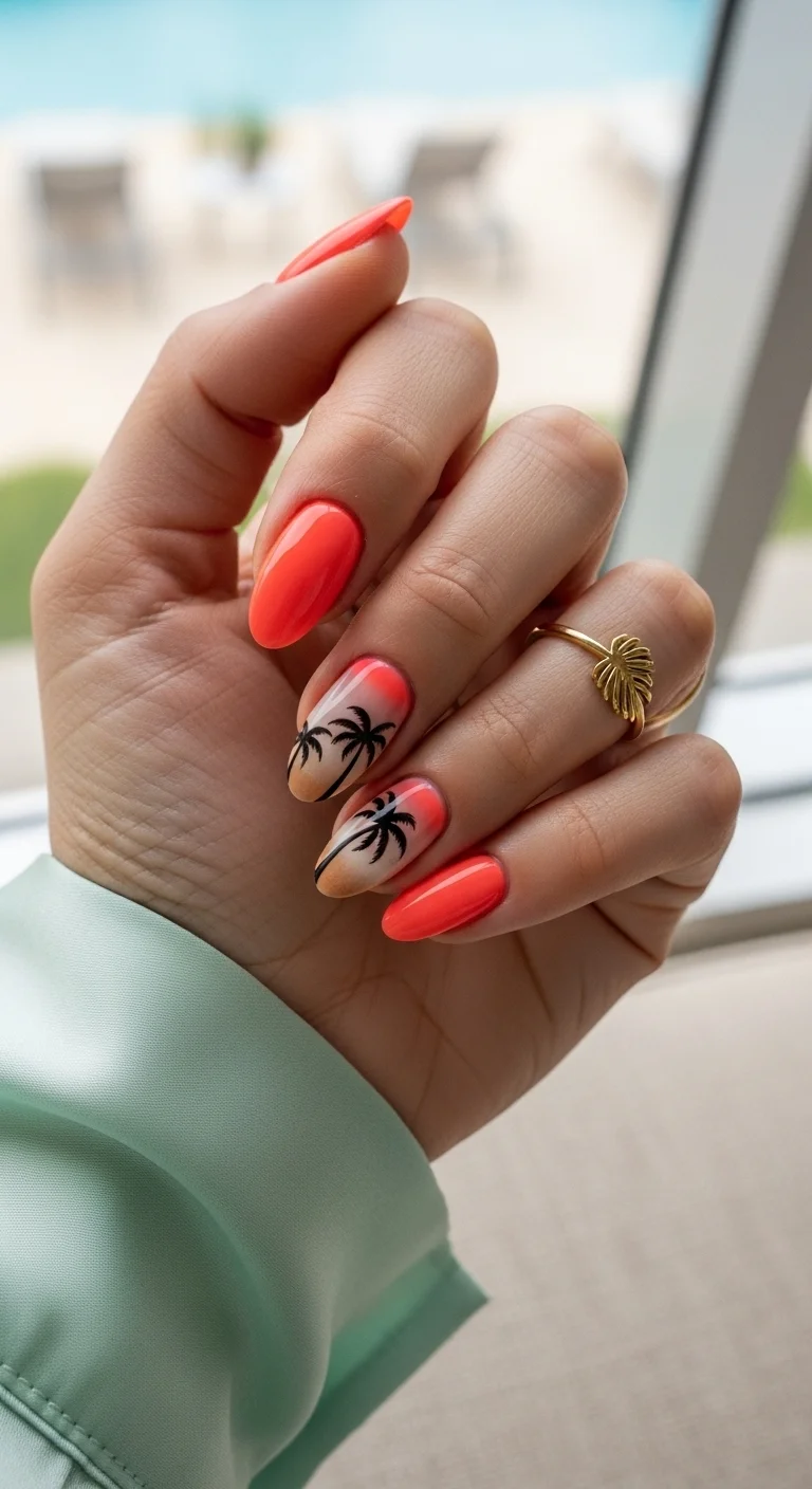 Peach nails with a white-to-tan sand gradient featuring two black palm trees.