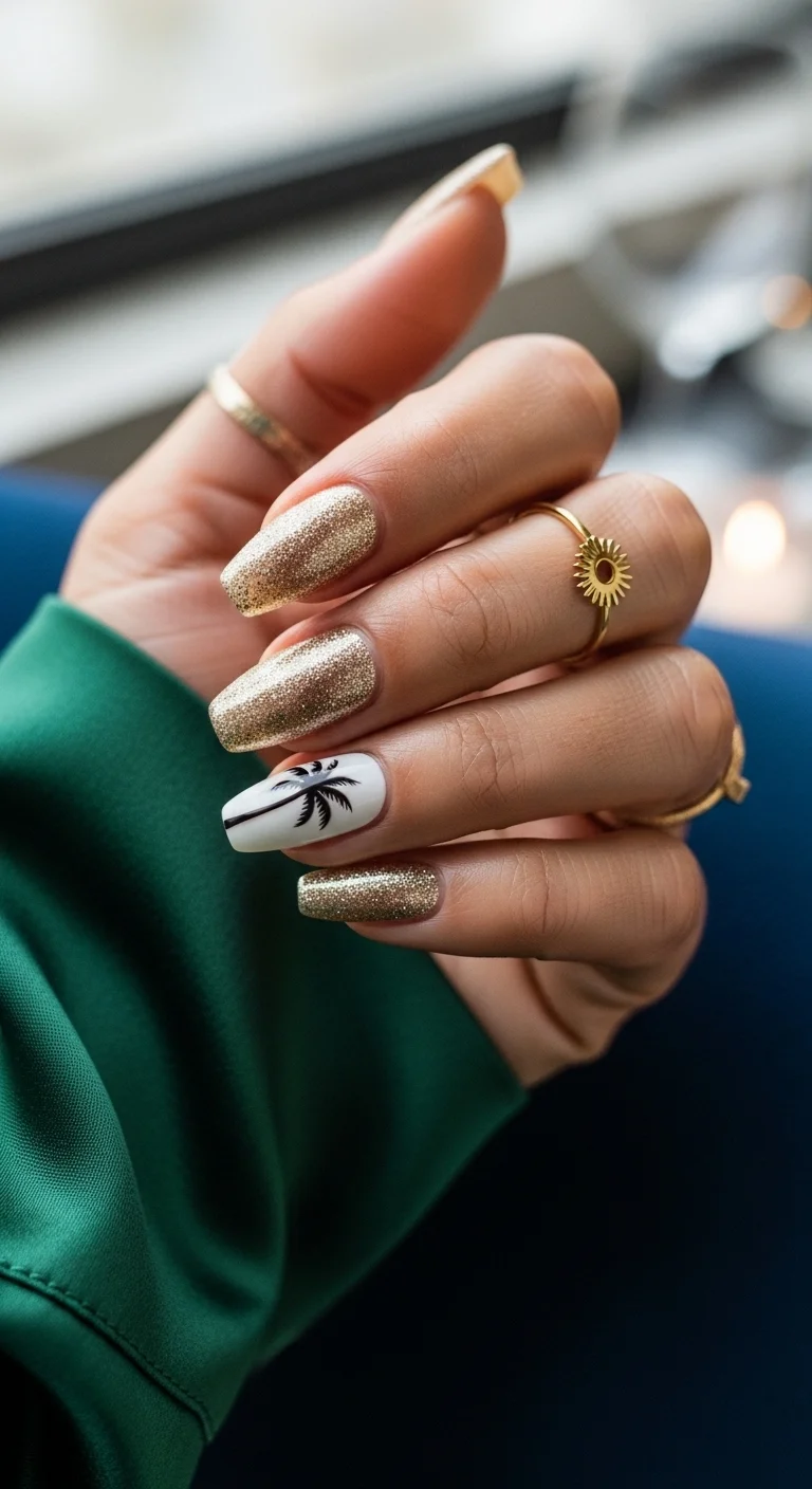Full gold glitter nails with a white accent nail featuring a black palm tree.