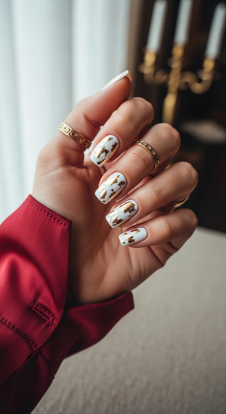 White nails with abstract gold foil patterns and black palm tree accents.
