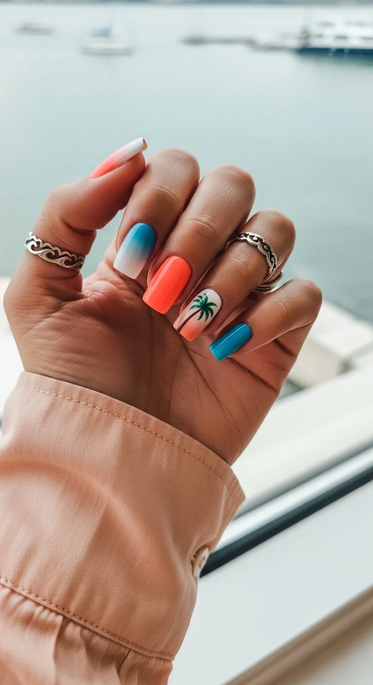 Nails with mixed blue-to-white and pink-to-orange ombres and a central palm tree nail.