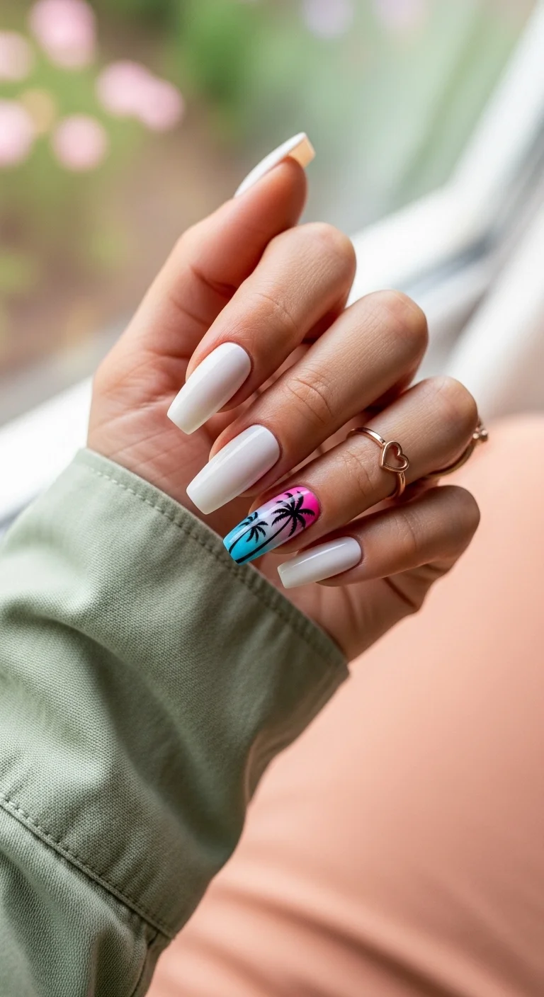 Long white nails with a single sunset ombre accent nail and black palms.