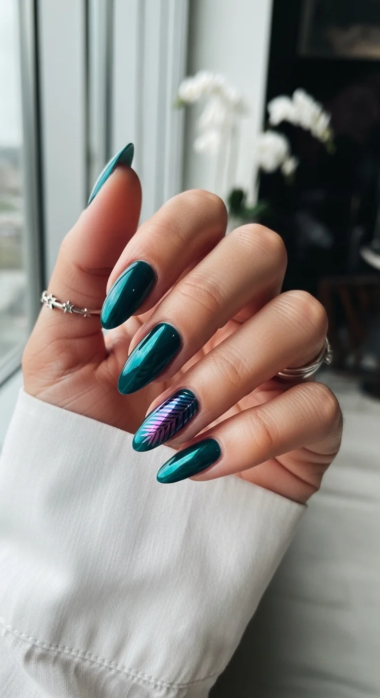 Deep emerald green chrome nails with one holographic palm leaf accent nail.