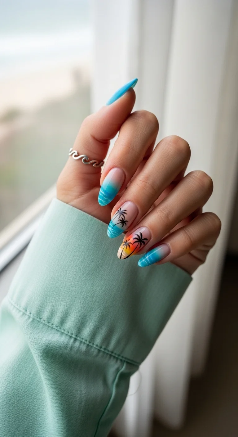 Nails with blue ocean-inspired ombres and sunset-colored palm tree accent nails.