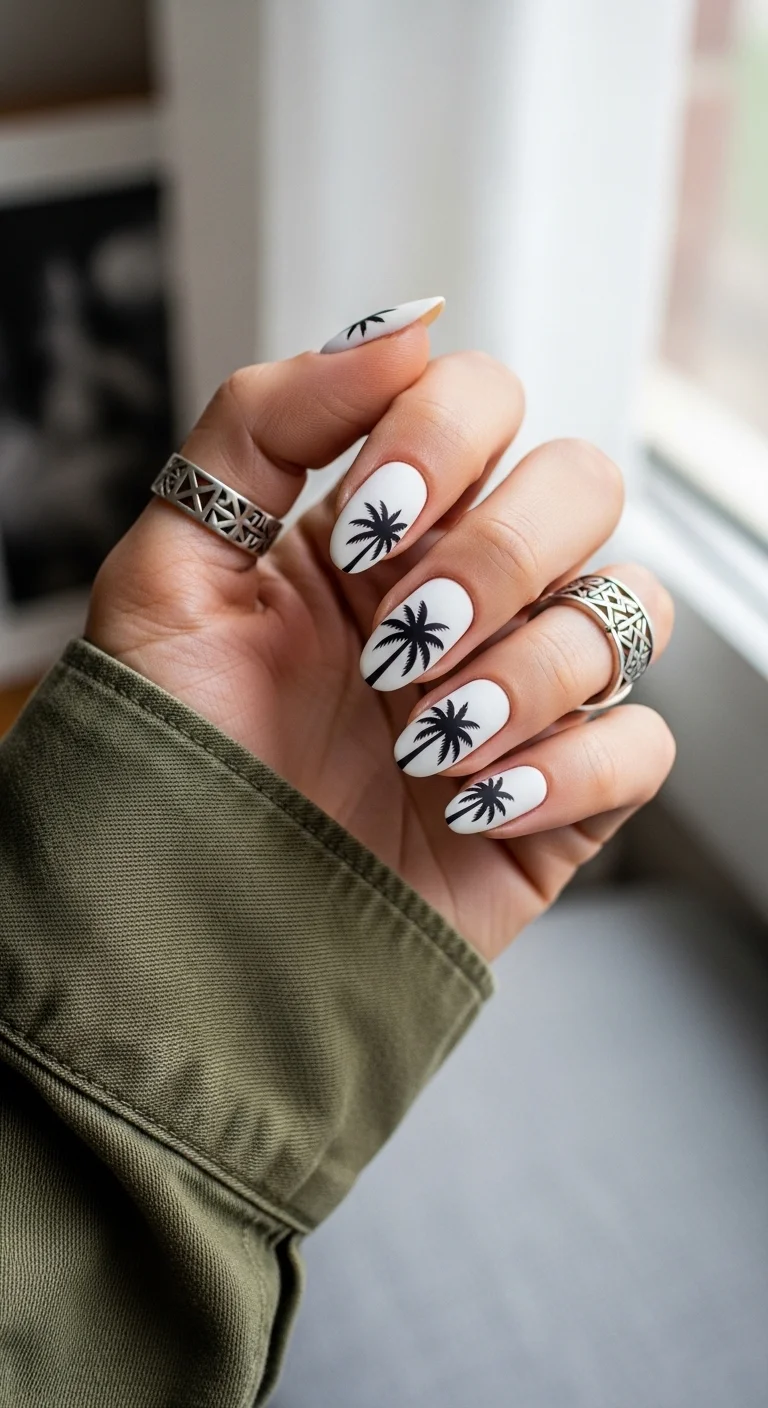 Matte white nails with single black palm trees on every nail.