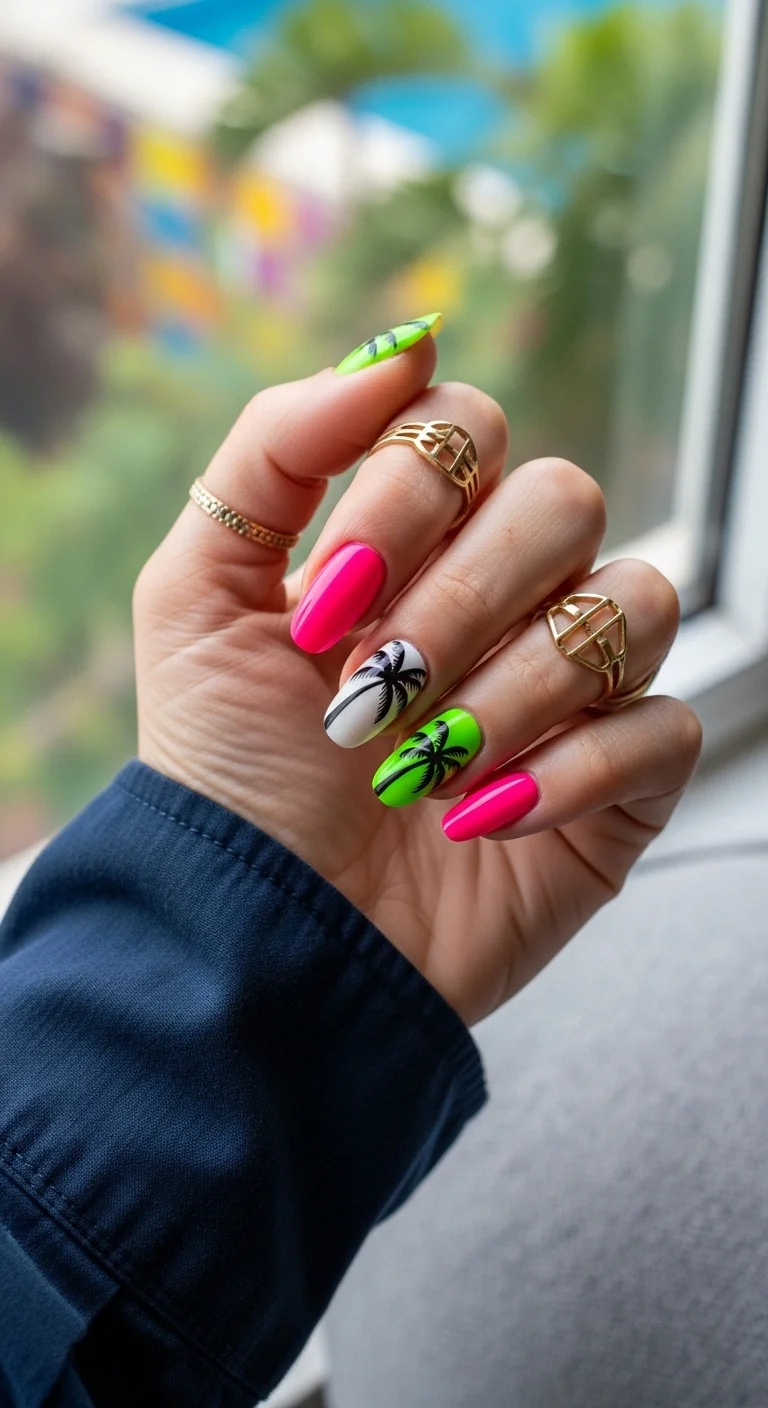Alternating neon pink and neon green nails with a white accent nail featuring black palm trees.