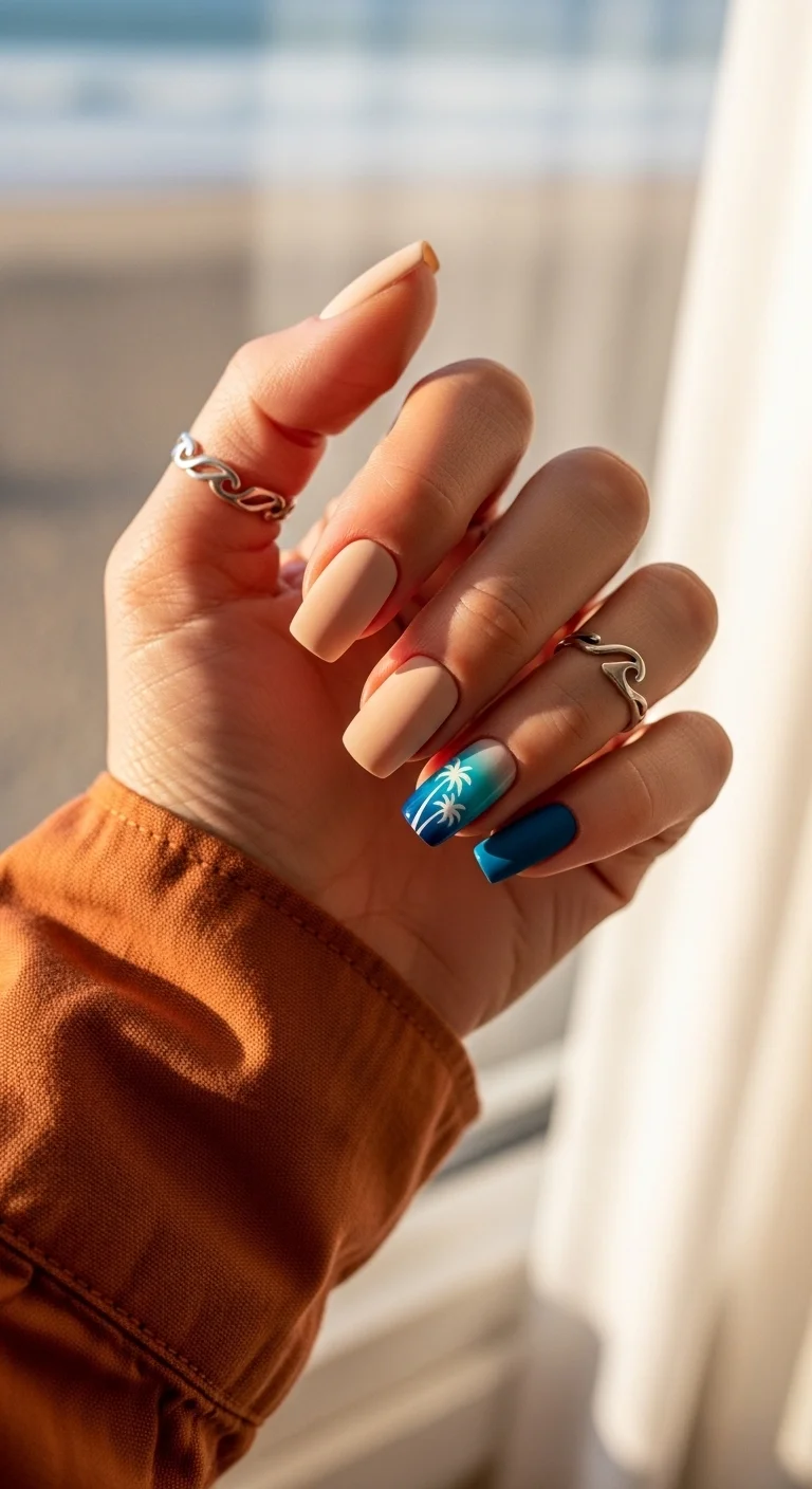 Matte nude nails with one accent nail featuring a blue-to-teal sunset ombre with white palm trees.