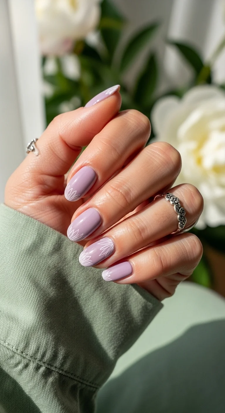 Lavender purple nails with white palm frond silhouettes at the base of the nails.
