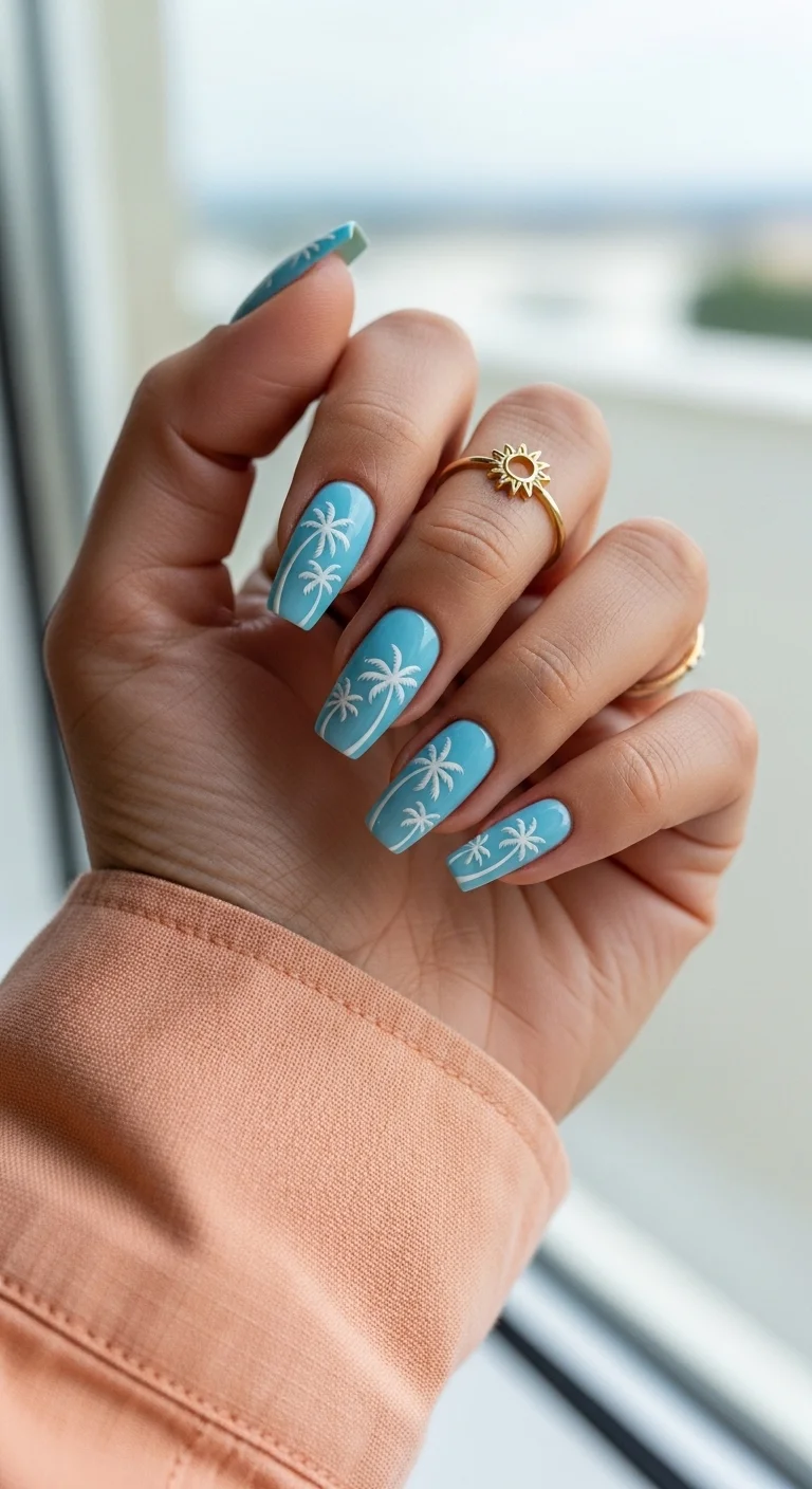 Bright baby blue nails with white palm tree silhouettes on every nail.