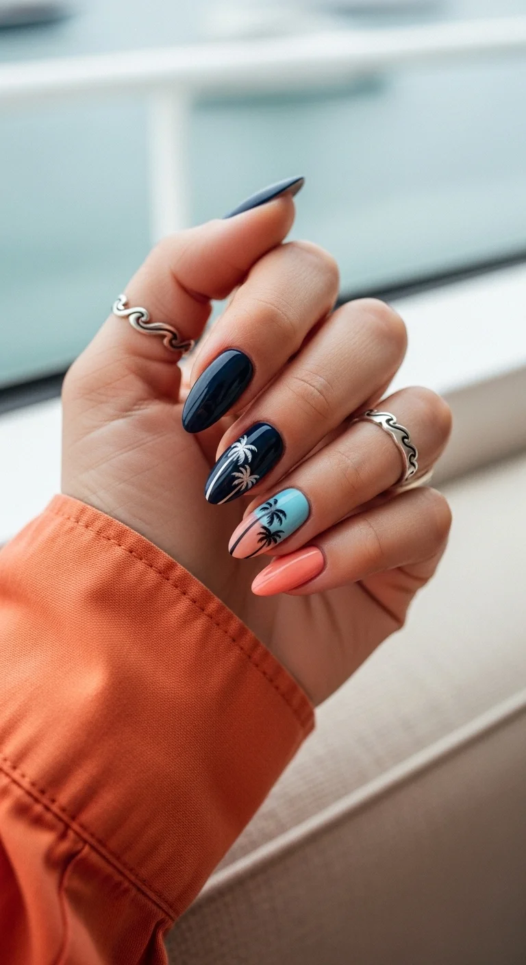 Navy blue and peach/teal sunset gradient nails with black palm tree silhouettes.
