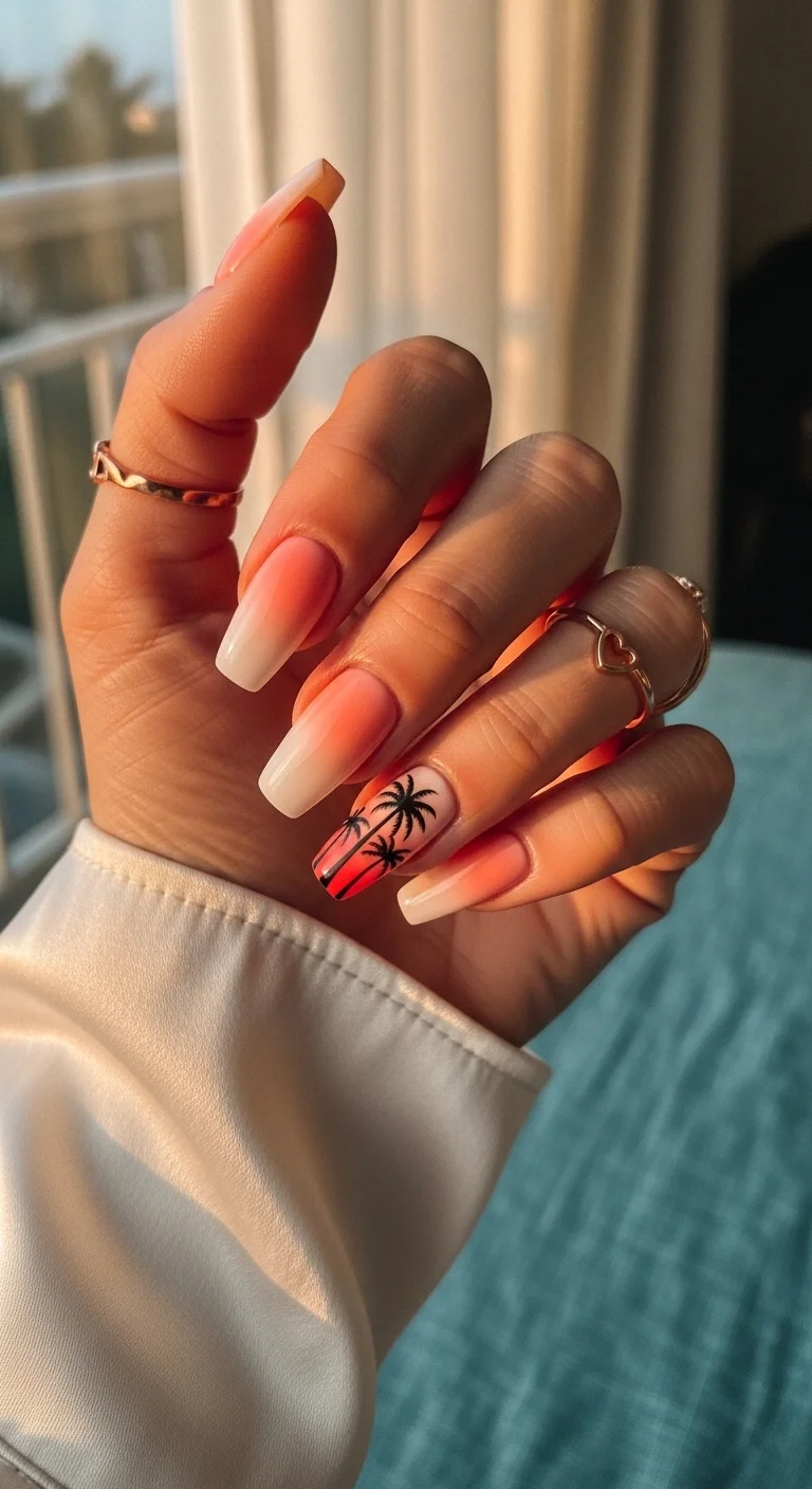 Soft peach ombre nails with black palm tree silhouettes on the ring finger.