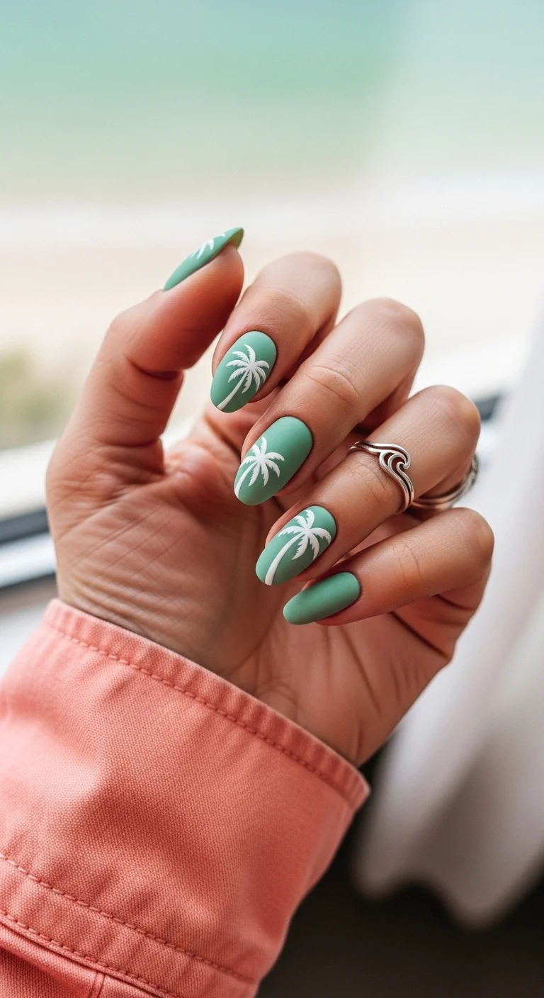 Matte seafoam green nails with white palm trees on several nails.