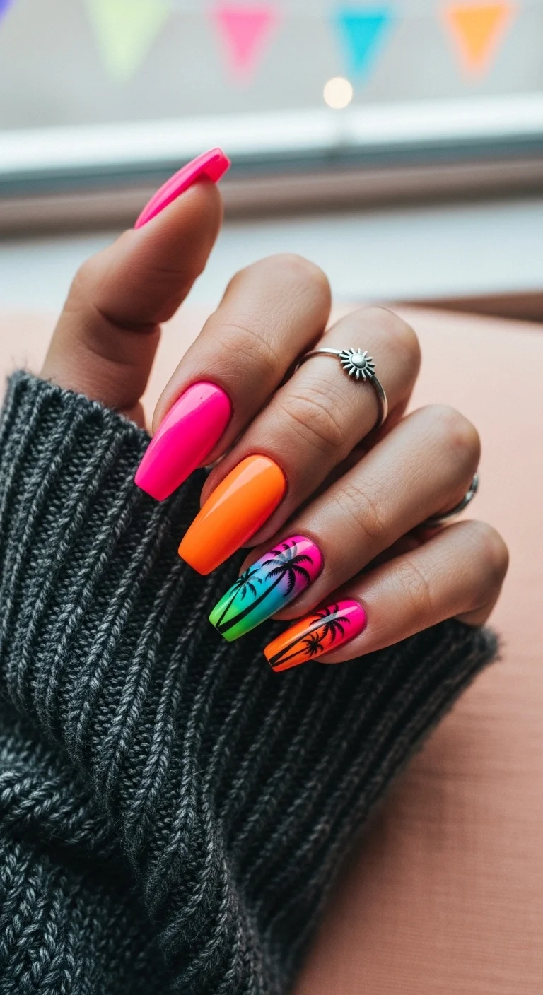 Long coffin nails with neon pink and orange solid colors and a blue-to-pink sunset accent with palms.
