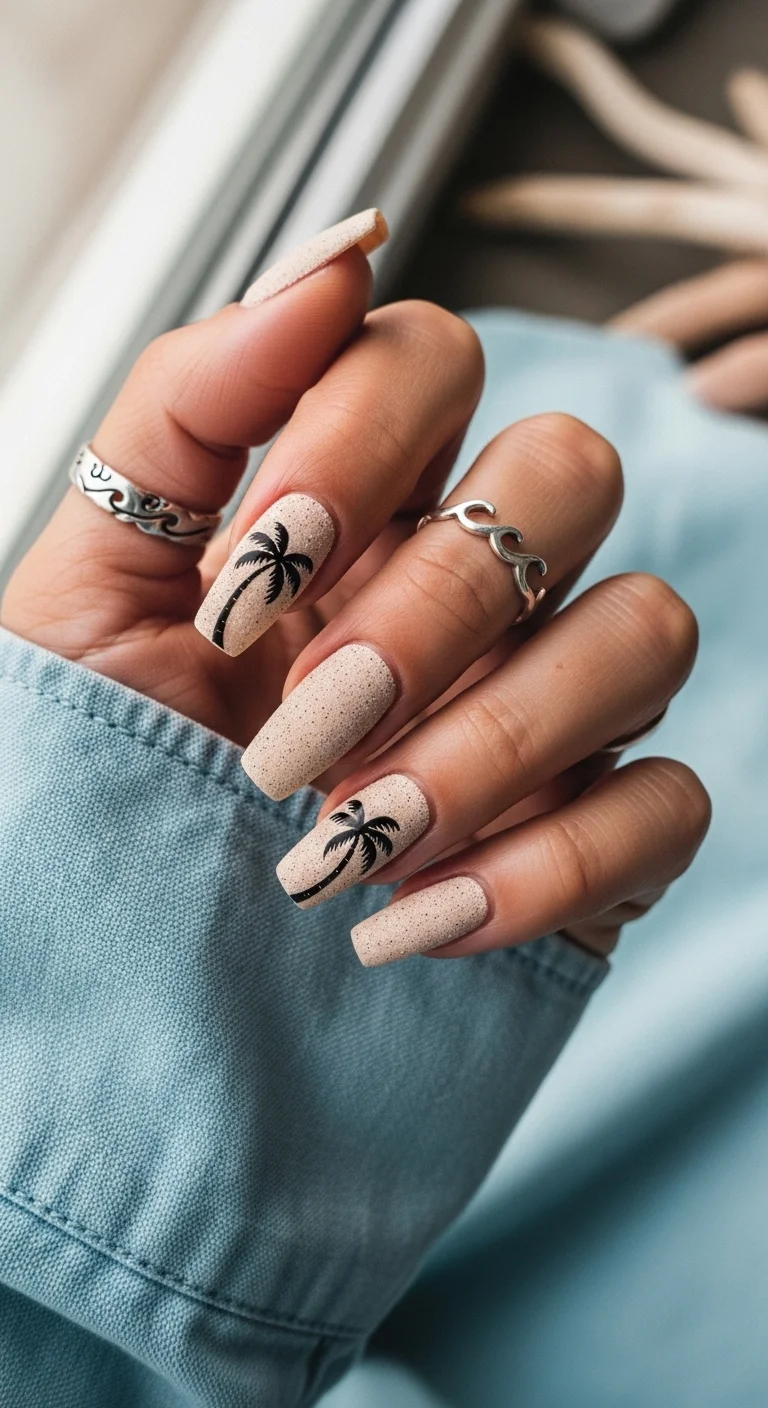 Textured sand-colored beige nails with black palm tree silhouettes.